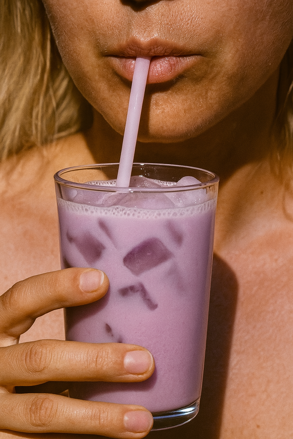 ube latte dans un verre avec des glaçons et une paille Siroté